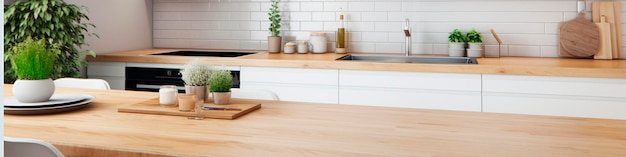 Mesa de madeira clara no fundo de uma cozinha desfocada cozinha branca Generative AI
