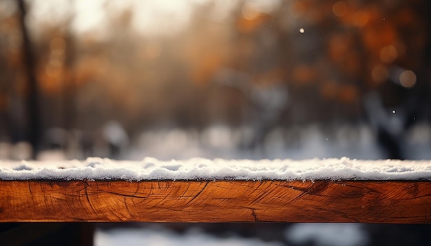 Mesa de madeira coberta de neve com flocos de neve caindo e folhagem de outono vibrante imagem de alta qualidade ai