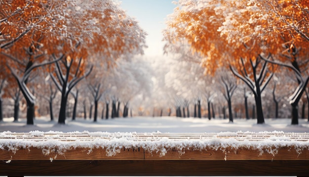 Mesa de madeira coberta de neve com folhagem de outono e fundo panorâmico de floresta para colocação de produtos