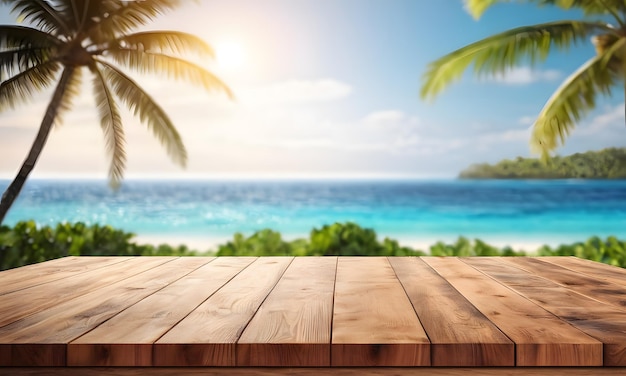 Mesa de madeira com a paisagem de praia tropical borrada