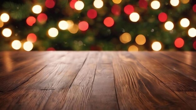 Foto mesa de madeira com abstração de natal feriado festivo luz bokeh na árvore fundo desfocado para mo