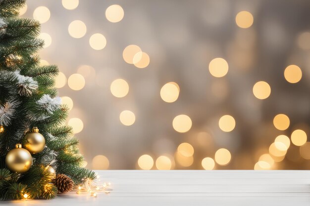 Mesa de madeira com árvore de abeto de Natal e decoração Bokeh fundo