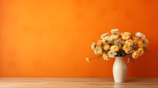 Mesa de madeira com buquê de flores em vaso em fundo laranja espaço de cópia