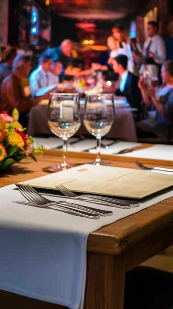 Mesa de madeira com cena de restaurante desfocada