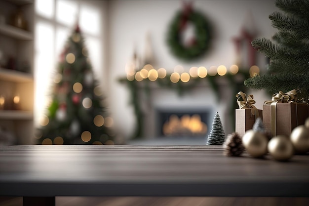 Mesa de madeira com decoração de Natal na sala de estar desfoca o fundo com luz bokeh