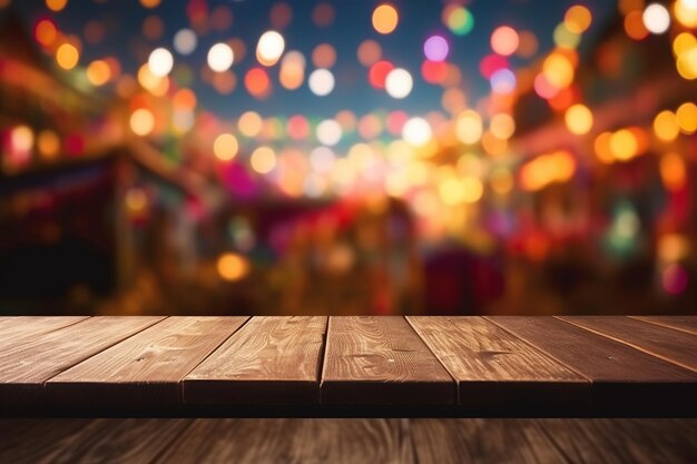 Mesa de madeira com festa junina desfocada ao fundo