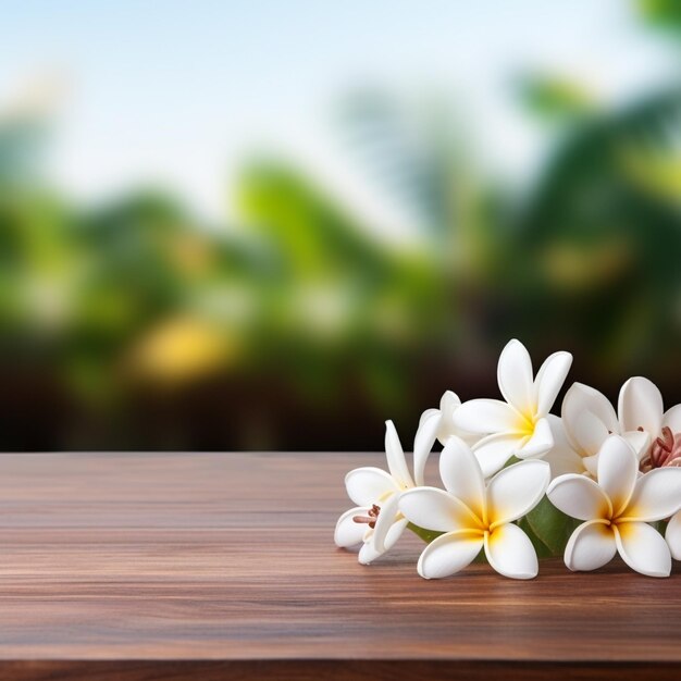 Foto mesa de madeira com flores brancas de frangipani