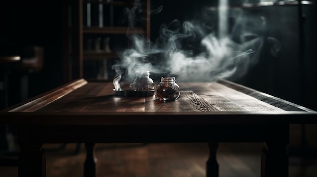Mesa de madeira com fumaça em um quarto escuro generative ai
