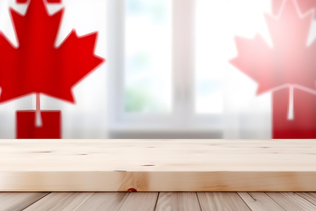 Mesa de madeira com fundo da bandeira do Canadá conceito do Dia do Canadá IA generativa