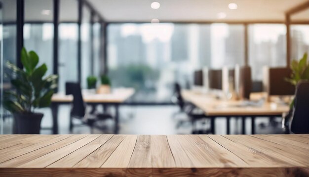 Foto mesa de madeira com fundo de escritório desfocado ideal para apresentações de produtos