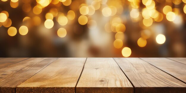 Foto mesa de madeira com fundo de luz dourada brilhante borrada localização do produto