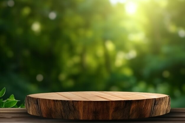 Mesa de madeira com fundo de natureza verde