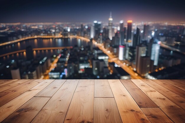 Mesa de madeira com fundo desfocado da paisagem urbana