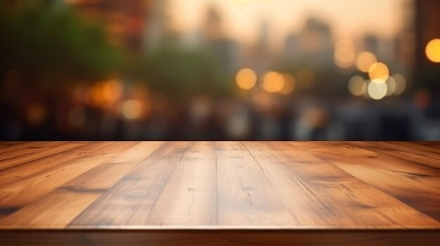 mesa de madeira com fundo desfocado de espaço vazio para exibição.