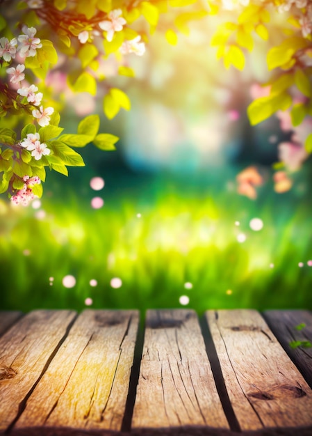 Foto mesa de madeira com fundo desfocado de grama e flores em primeiro plano generative ai