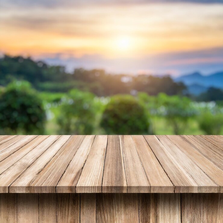 Foto mesa de madeira com fundo desfocado tábua para o produto mesa para produto