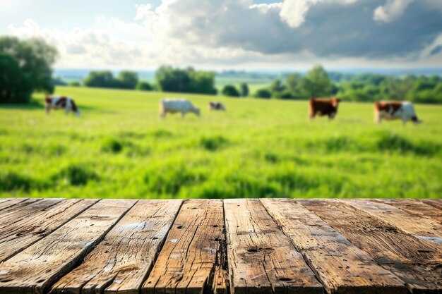 Foto mesa de madeira com grama e vacas de fundo