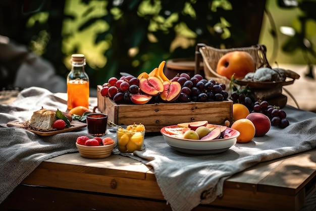 Mesa de madeira com guardanapo cheio de frutas e lanches para um piquenique