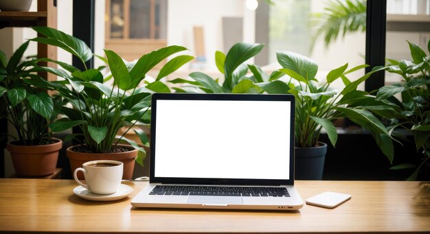 Mesa de madeira com laptop de maquete com tela branca e xícara de café planta em vaso com fundo desfocado Laptop com tela em branco na mesa da cafeteria e planta com fondo desfocado