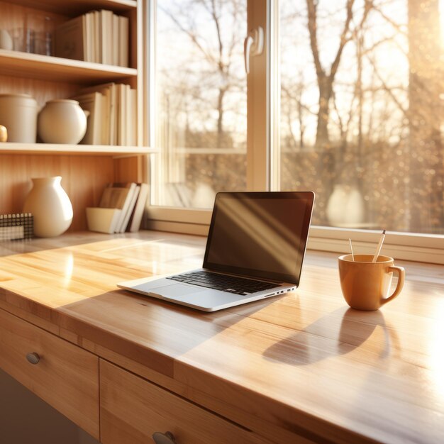 Mesa de madeira com laptop e xícara de café na frente de uma janela