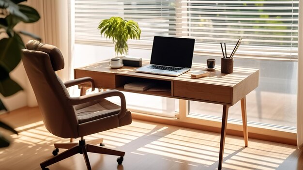 Mesa de madeira com laptop em close-up de escritório Lugar de trabalho moderno