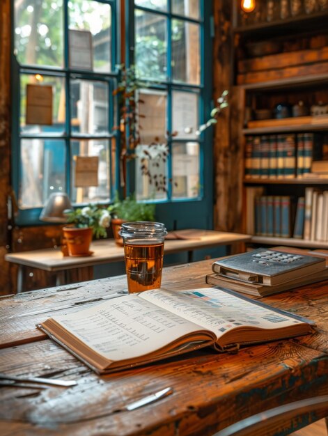 Mesa de madeira com livro e xícara de café