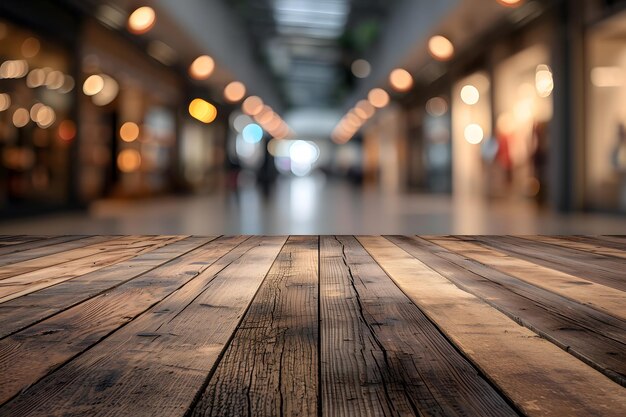 Foto mesa de madeira com luzes do centro comercial bokeh