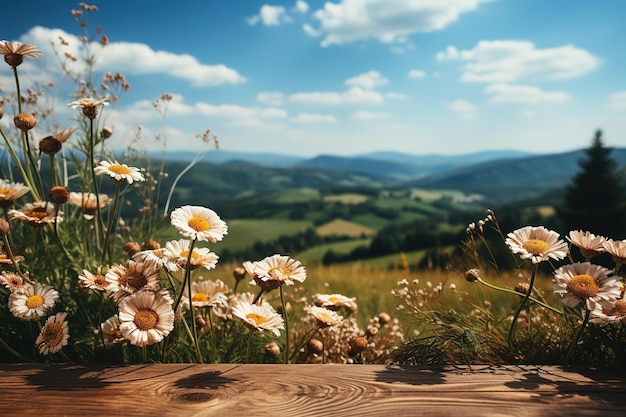 Mesa de madeira com margaridas e campo de trigo ao fundo