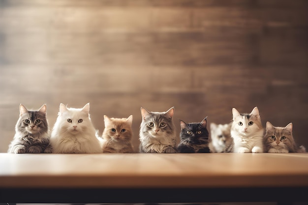 Mesa de madeira com muitos gatos Dia Internacional do Gato IA gerativa