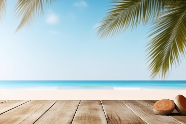 Mesa de madeira com palmeira e fundo de praia