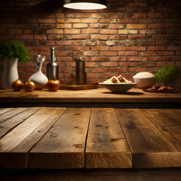 Foto mesa de madeira com parede de tijolos para exibição de produtos alimentares ai gerado