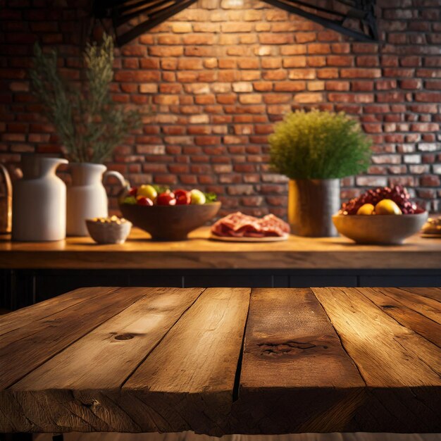 Mesa de madeira com parede de tijolos para exibição de produtos alimentares Ai Gerado