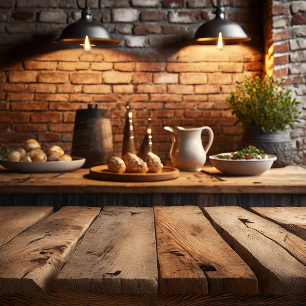 Foto mesa de madeira com parede de tijolos para exibição de produtos alimentares ai gerado