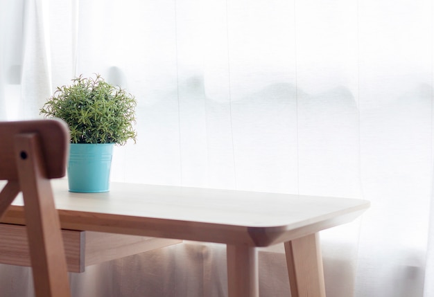 Mesa de madeira com pequena planta verde em vasos na janela
