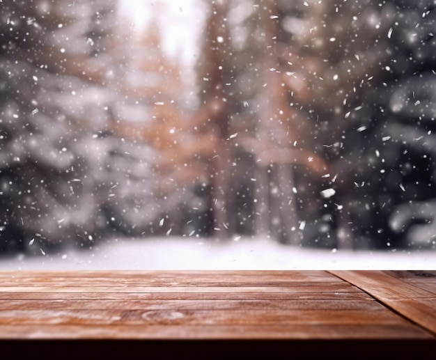 mesa de madeira com queda de neve árvores de Natal fundo de inverno
