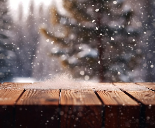 mesa de madeira com queda de neve árvores de Natal fundo de inverno