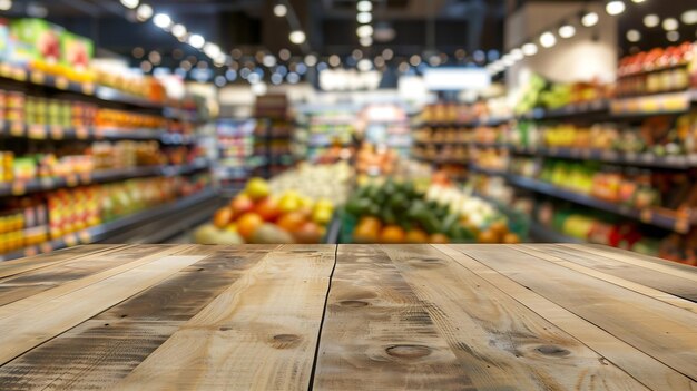 Mesa de madeira com supermercado de mercearia desfocada fundo desfocado com boke IA generativa