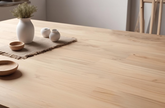 Mesa de madeira com um vaso de cerâmica branca e duas tigelas sentadas em cima