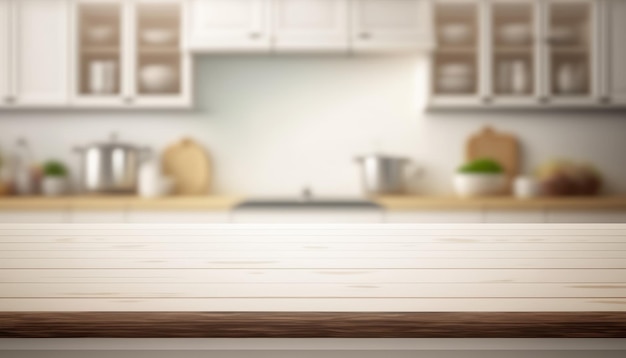 Foto mesa de madeira com uma sala de cozinha desfocada para exposição de produtos de montagem espaço de cópia generativo ai