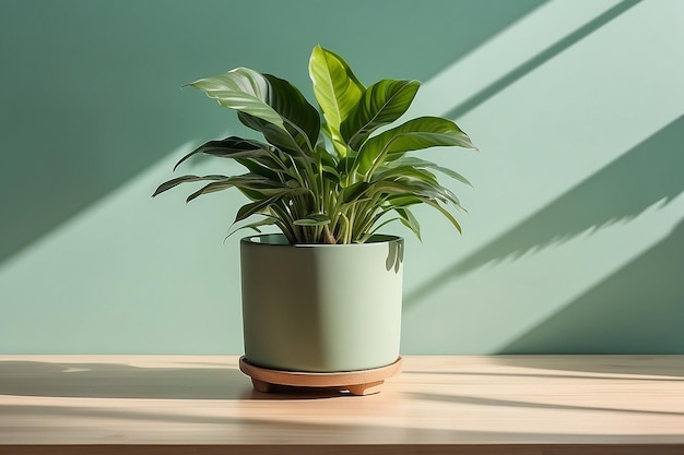 Mesa de madeira com vaso de plantas em parede verde claro com sombra de fundo de luz solar Foto de alta qualidade