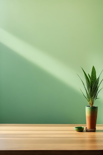 Mesa de madeira com vaso de plantas em parede verde claro com sombra de fundo de luz solar Foto de alta qualidade