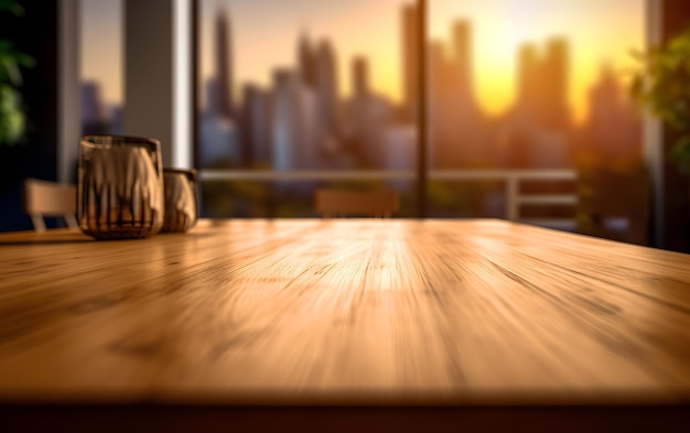 Foto mesa de madeira com vista para um interior de quarto defocussed