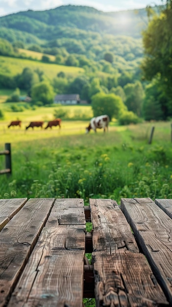 Foto mesa de madeira com vista para vacas pastando