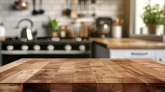 Mesa de madeira contra fundo de cozinha desfocado para maquetes de produtos e montagens de exibição