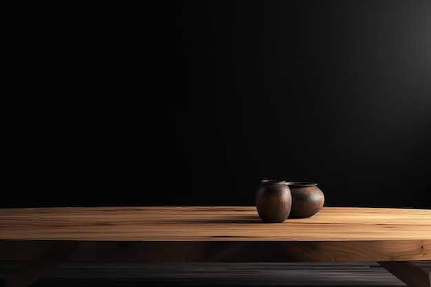 Mesa de madeira contra fundo escuro gerado por IA