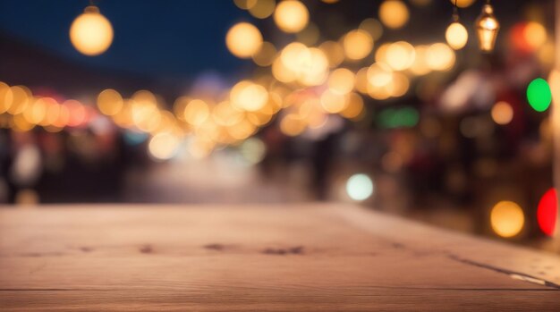 Foto mesa de madeira contra o pano de fundo das luzes da cidade borrosas da noite com um local para o prod