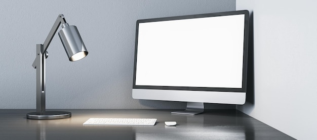 Mesa de madeira de design criativo com lâmpada de monitor de computador simulada branca vazia e renderização em 3D de teclado