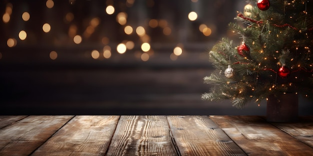 Mesa de madeira de espaço vazio com decoração de árvore de Natal com luzes de fundo desfocado geradas por IA