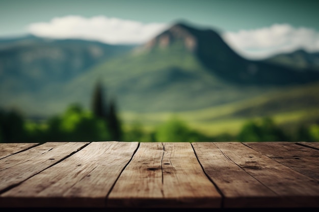 Mesa de madeira de exibição vazia em campo verde e espaço de cópia de fundo de montanhas de floresta Generative AI