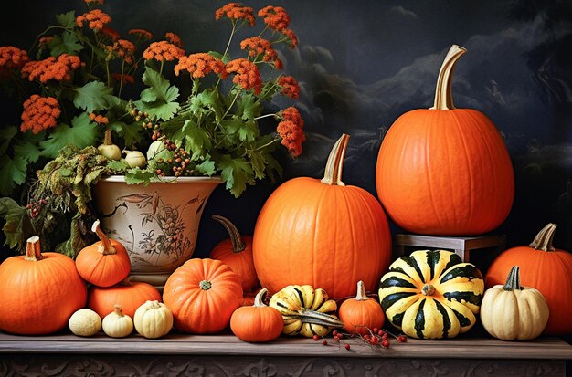 Mesa de madeira de fundo feliz Dia de Ação de Graças decorada com imagem generativa de Pumpkins Ai